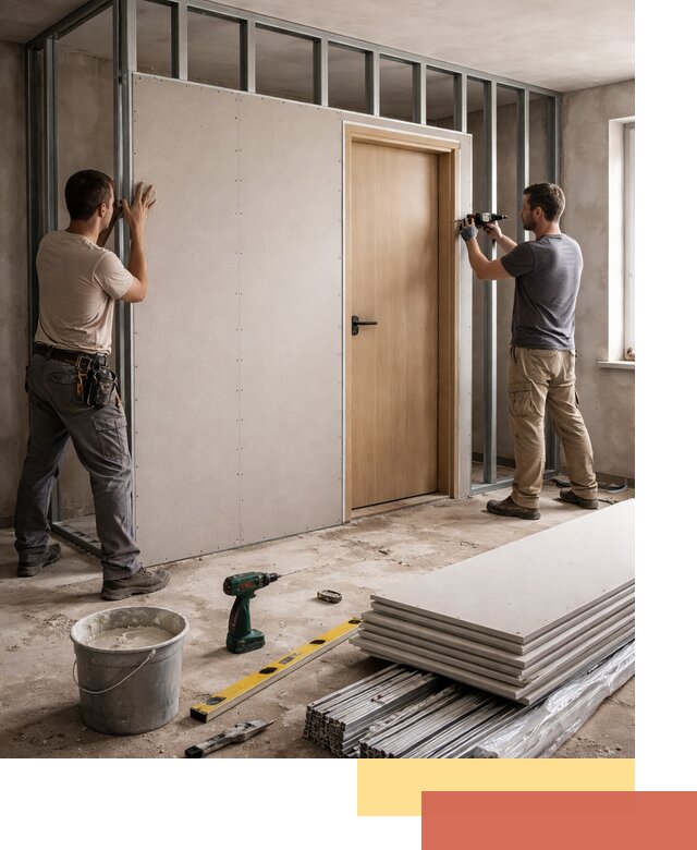 Перегородка из гипсокартона с дверью под ключ в Нефтекамске