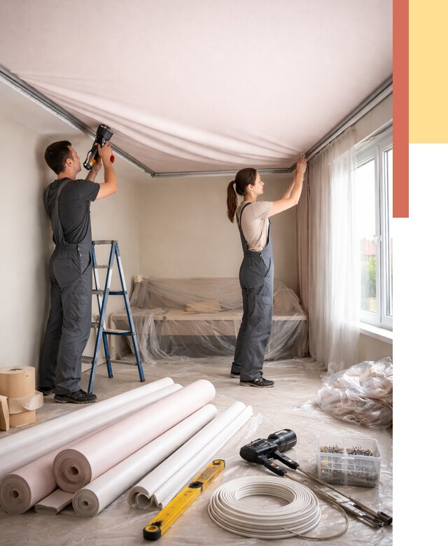 Монтаж цветного натяжного потолка в Нефтекамске от 4313 руб/м² — быстро и недорого | ОТДЕЛОЧНИК-Нтк