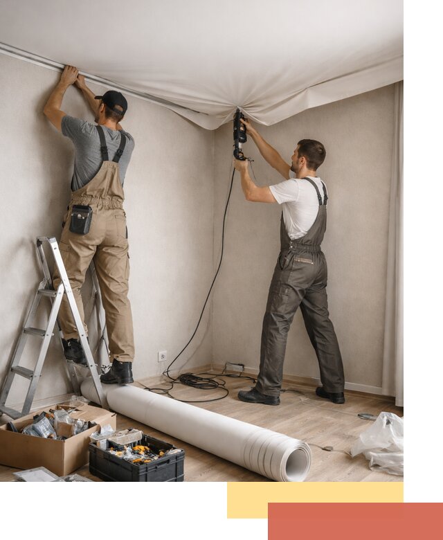 Монтаж цветного натяжного потолка в Нефтекамске за один день