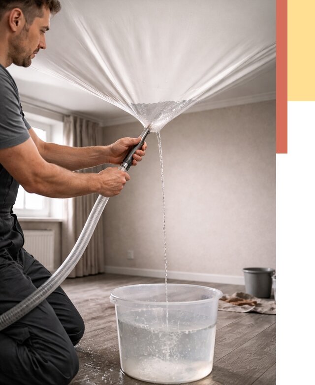 Слив воды с натяжного потолка в Нефтекамске от 2567 руб. быстро и недорого | ОТДЕЛОЧНИК-Нтк